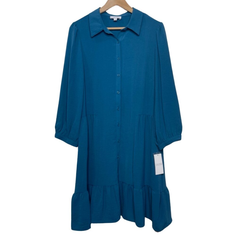 Tahari NWT Long Sleeve Tiered Casual Shirt Dress Blue Teal Size 10